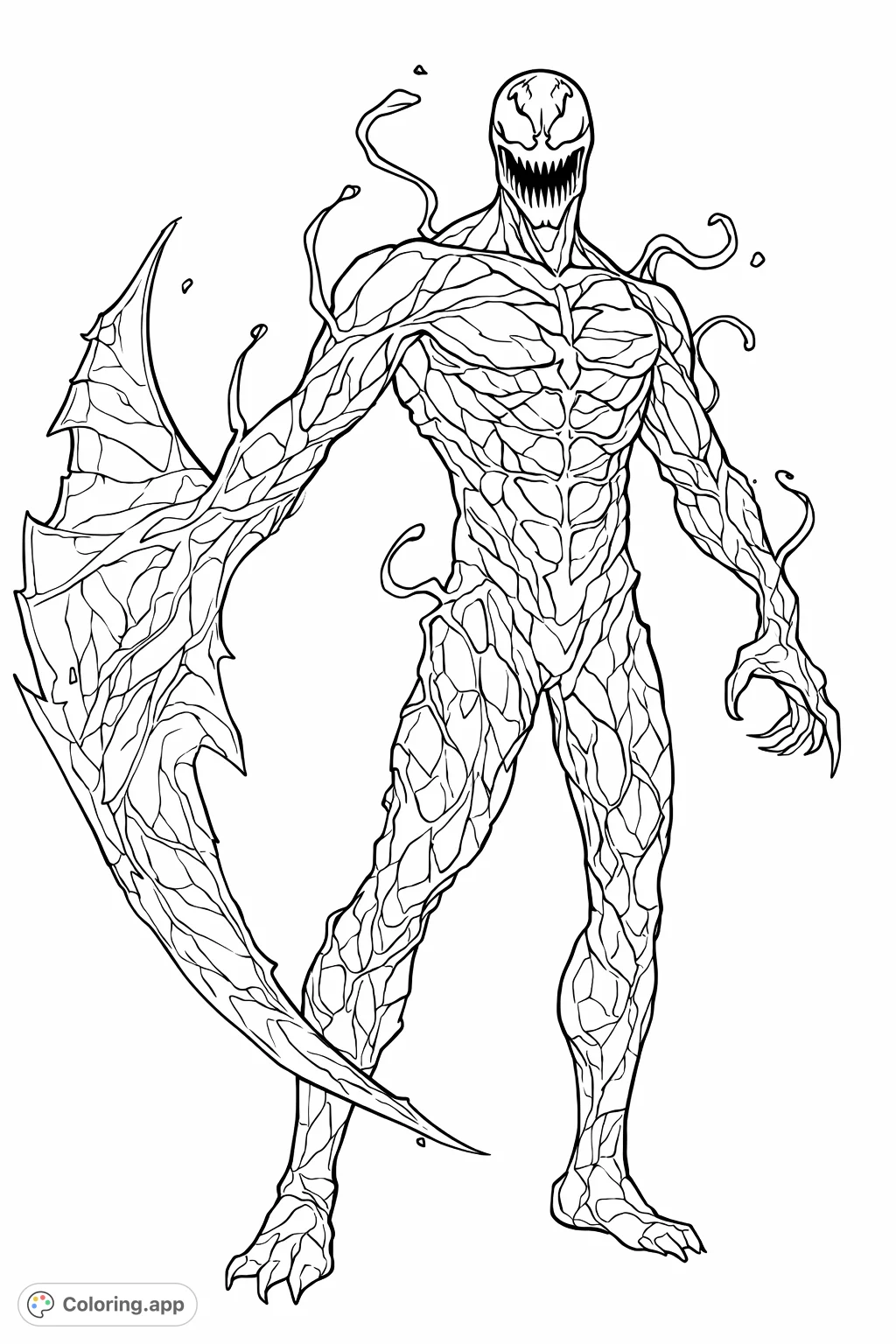 Unleash your creativity on this fierce symbiote warrior. Its intricate patterns and imposing form offer a thrilling coloring challenge for fans of alien creatures and comic lore.