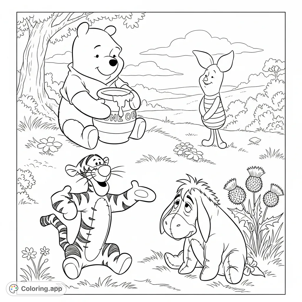 A delightful Winnie the Pooh coloring page featuring Pooh, Piglet, Tigger, and Eeyore in a charming square layout from the Hundred Acre Wood.