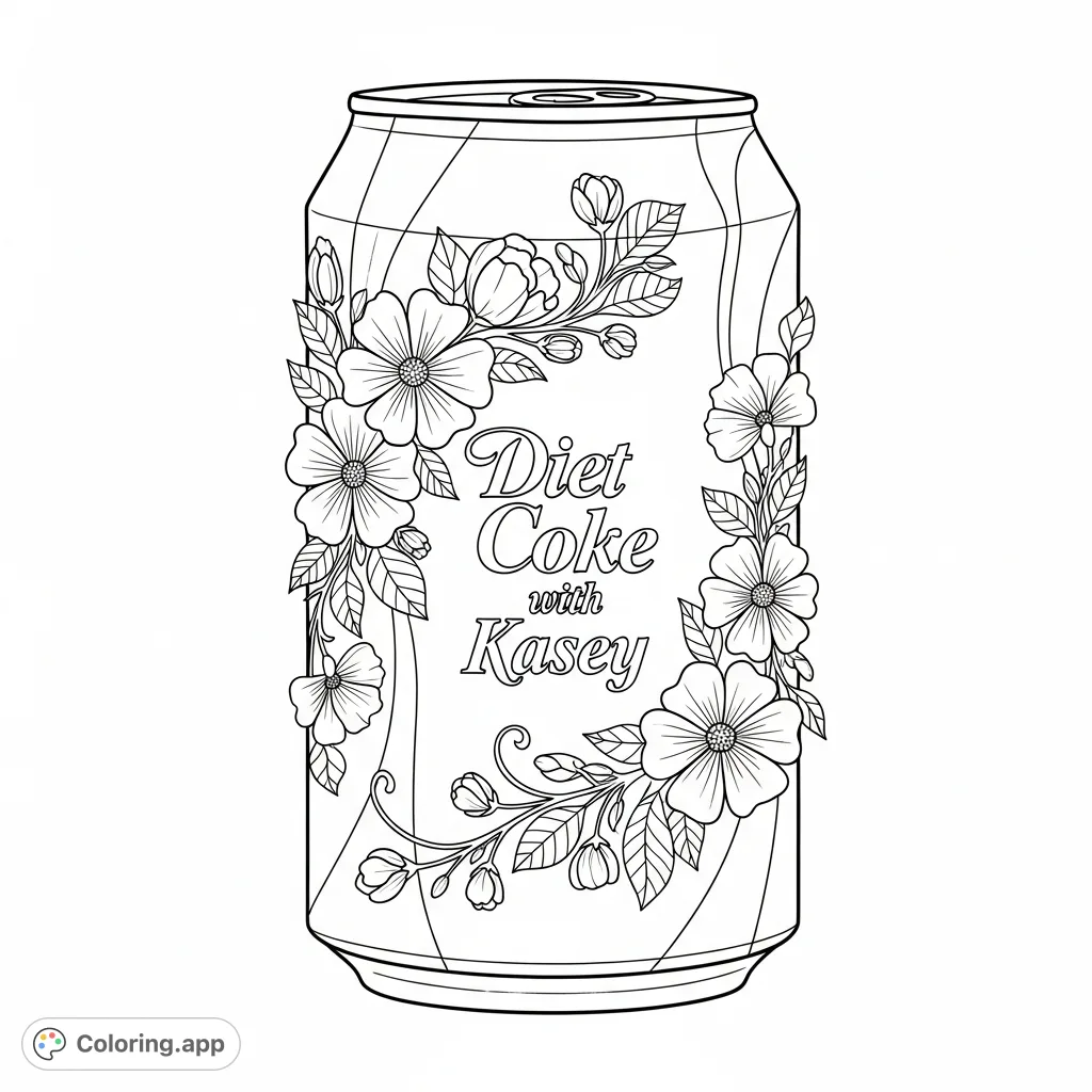 A sleek Diet Coke can adorned with delicate blossoms and "Diet Coke with Kasey" in elegant script. An intricate design offering a unique blend of brand and botanical beauty.