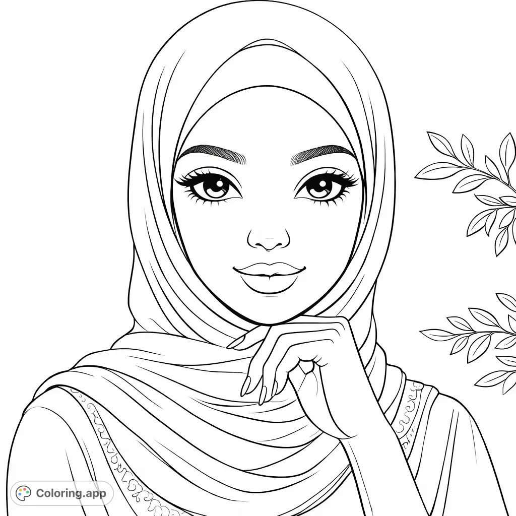 An elegant portrait of a woman in a hijab, perfect for a peaceful coloring session. A beautiful hijab coloring page for creative expression.