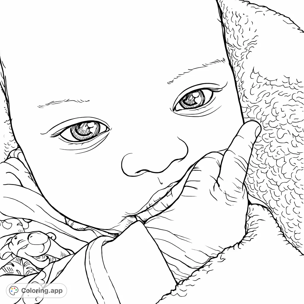 A heartwarming baby portrait, perfect for little hands and big smiles. This free printable baby coloring page captures a sweet infant in a cozy blanket.