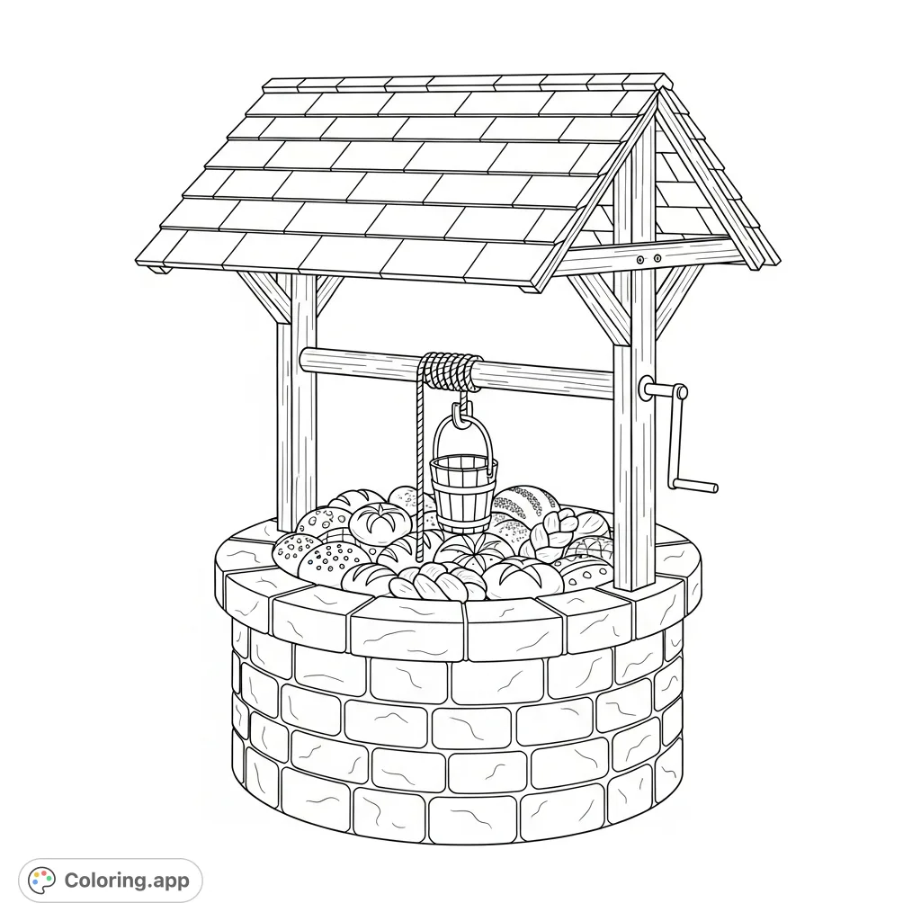 An elegant, vintage well coloring page featuring a classic well with a charming roof, overflowing with a variety of freshly baked rolls. A calming experience awaits!