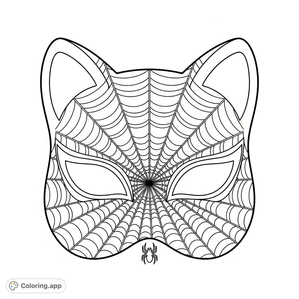 Unleash creativity with this detailed stylized cat mask coloring page, featuring intricate spiderweb patterns and a distinct spider emblem.