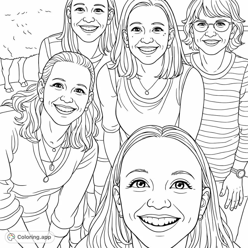 Capture the warmth of friendship with this women group portrait coloring page. Five smiling faces offer intricate details for a relaxing and expressive coloring experience.