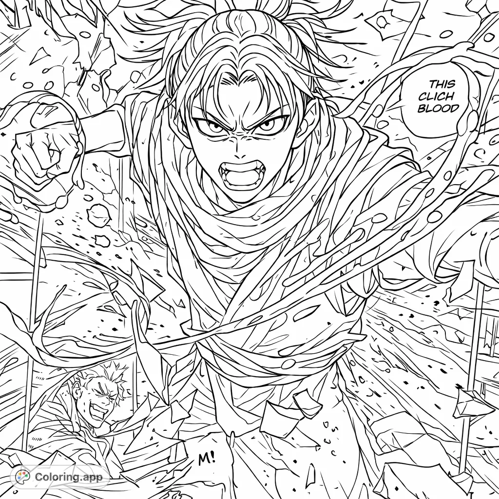 Capture the intense energy of a manga-style character bursting through a fractured background with determined expression and dynamic liquid elements. Unleash your creativity!