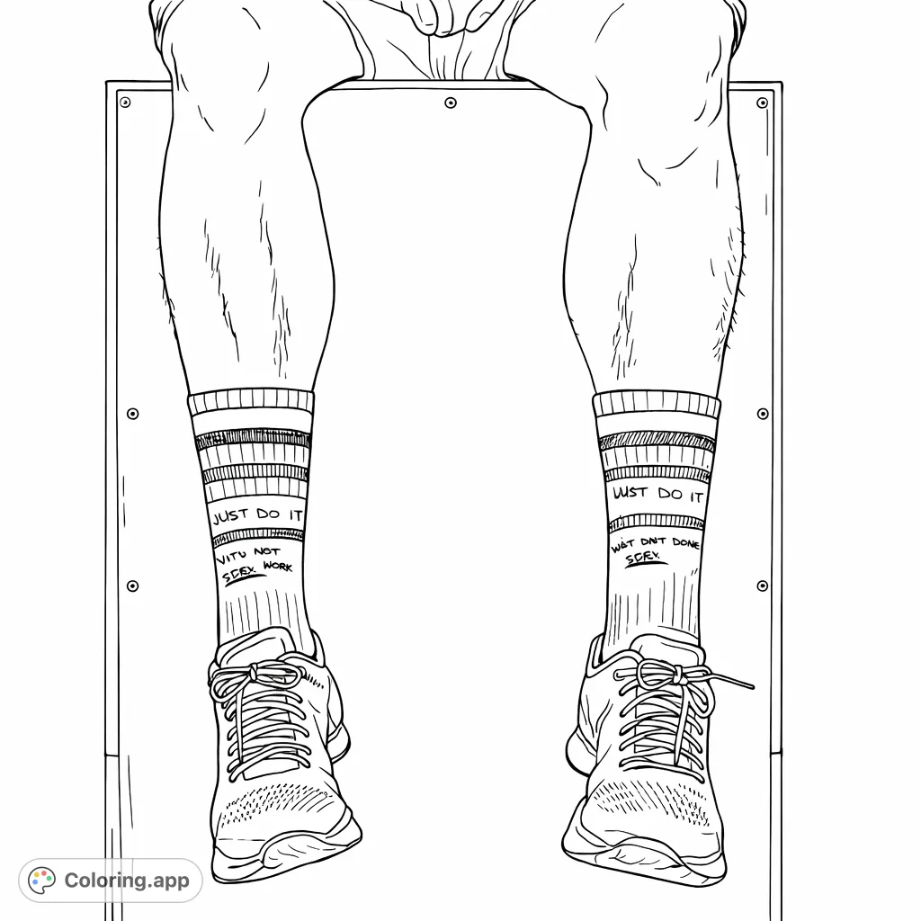 Color powerful athletic legs adorned with striped, text-laden socks and detailed gym shoes, set against a simple wooden backdrop for fitness enthusiasts.