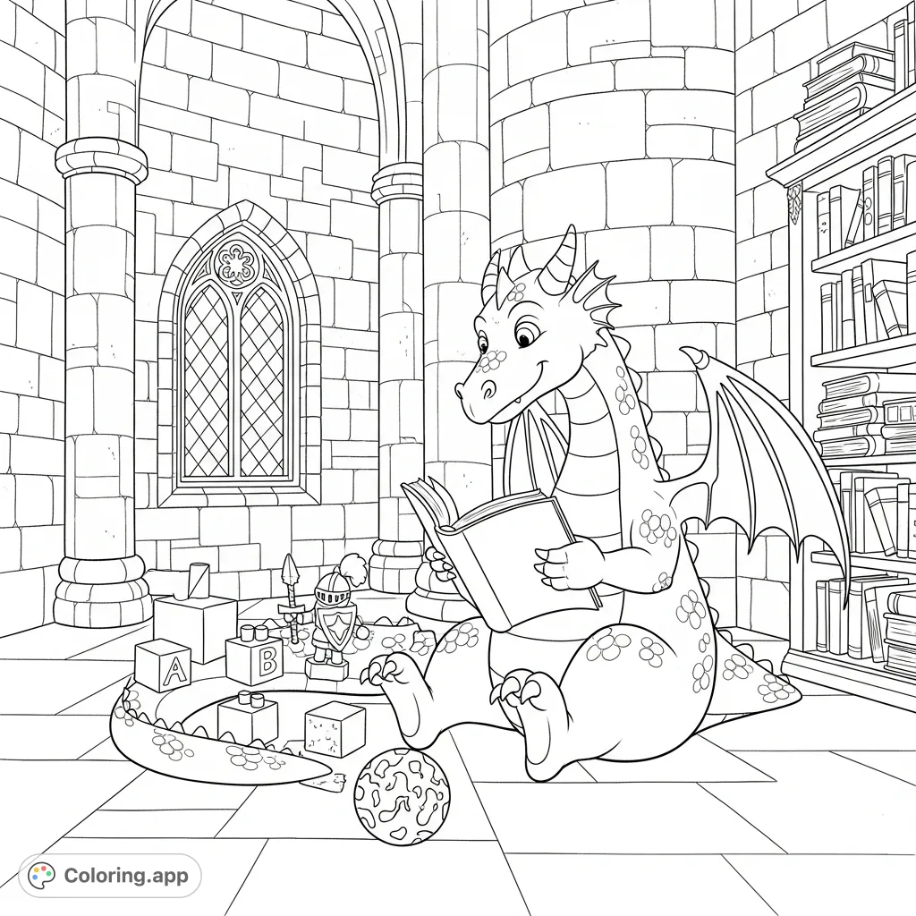 A whimsical fantasy castle dragon coloring page featuring a gentle dragon engrossed in reading surrounded by playful toys and grand castle architecture.