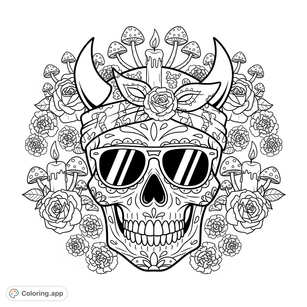 An intricate sugar skull design with sunglasses, devil horns, and a bandana, adorned with roses, marigolds, and mushrooms in a symmetrical, folk-art style.