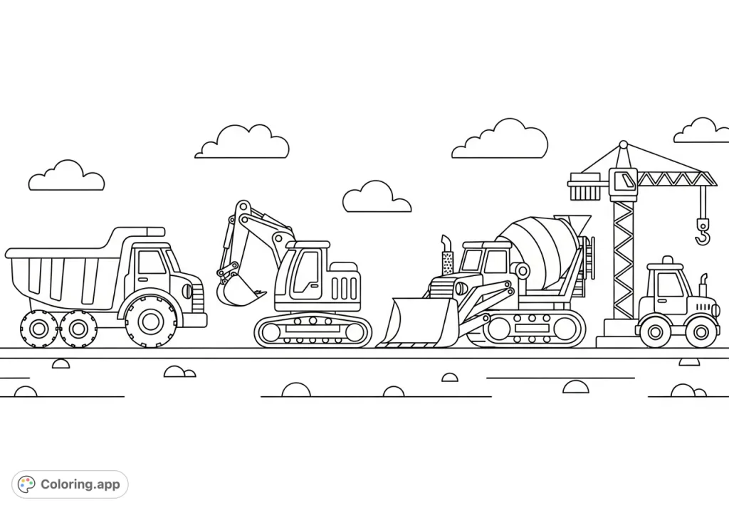 A delightful coloring strip featuring simple, friendly construction vehicles like excavators and dumpers, perfect for little hands to color with ease.