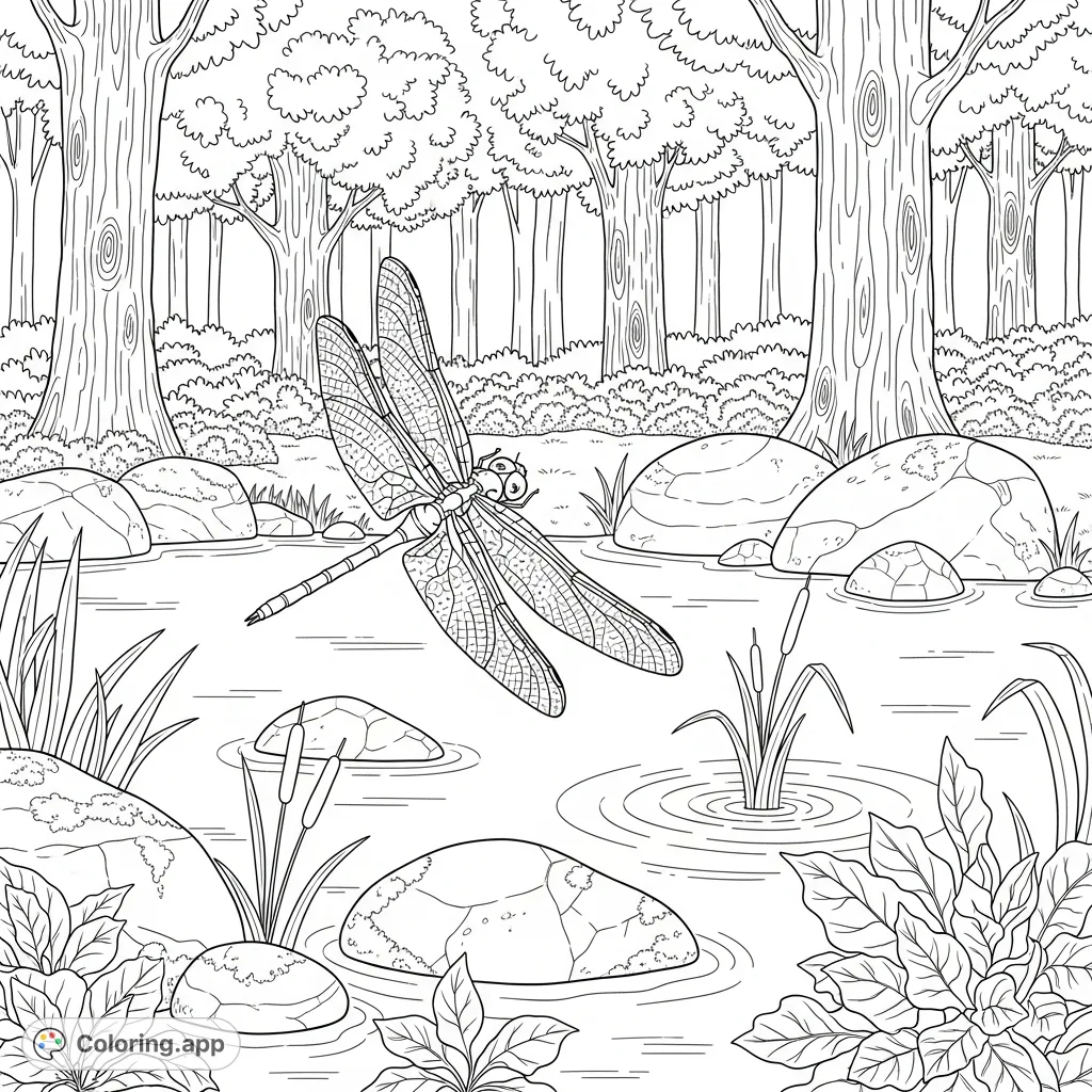 Discover a serene forest pond coloring page with a detailed dragonfly hovering over smooth stones and lush reeds. Perfect for nature enthusiasts!