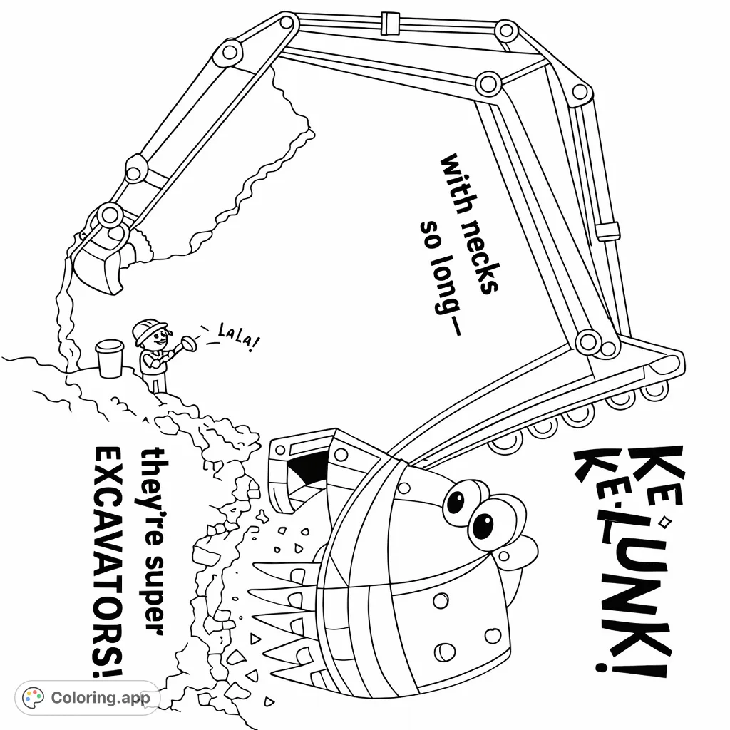 A playful cartoon excavator with big eyes digs into textured earth, surrounded by a construction worker and flying debris. A fun construction scene!
