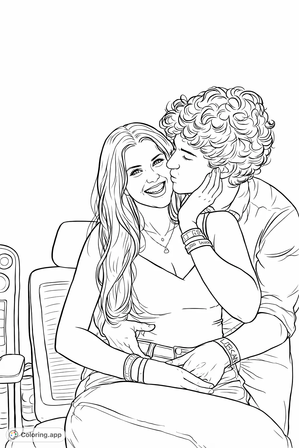 Capture a heartfelt moment with this affectionate couple coloring page. A joyful woman receives a kiss from a man, perfect for expressing love and connection.