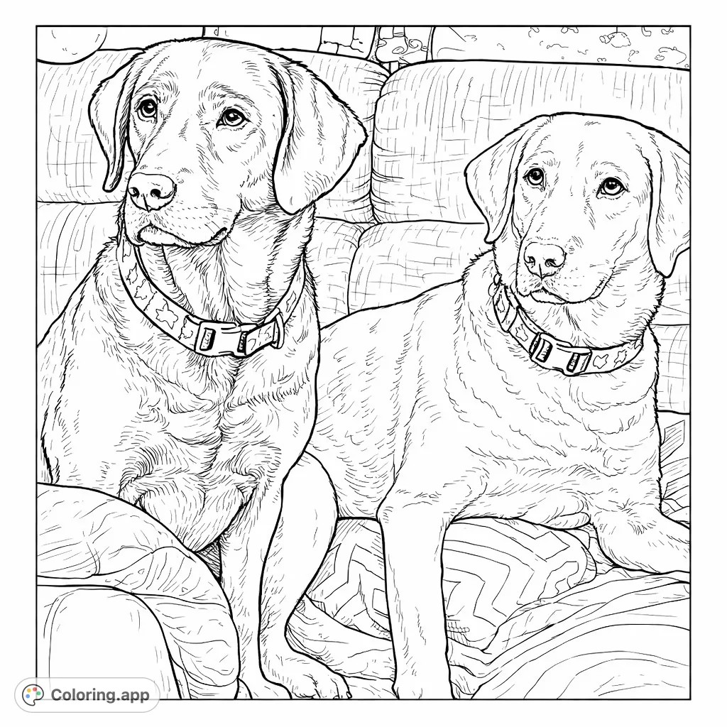 Two friendly dogs, a darker and a lighter one, sit together on a comfy couch, ready to be brought to life with your favorite hues. Perfect for dog lovers!