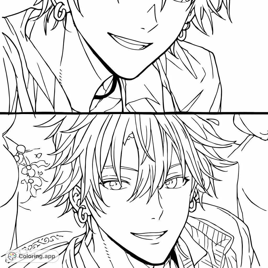 Two cool manga-style characters with expressive faces and detailed hair await your creative touch. A fun anime coloring page for fans of the genre.