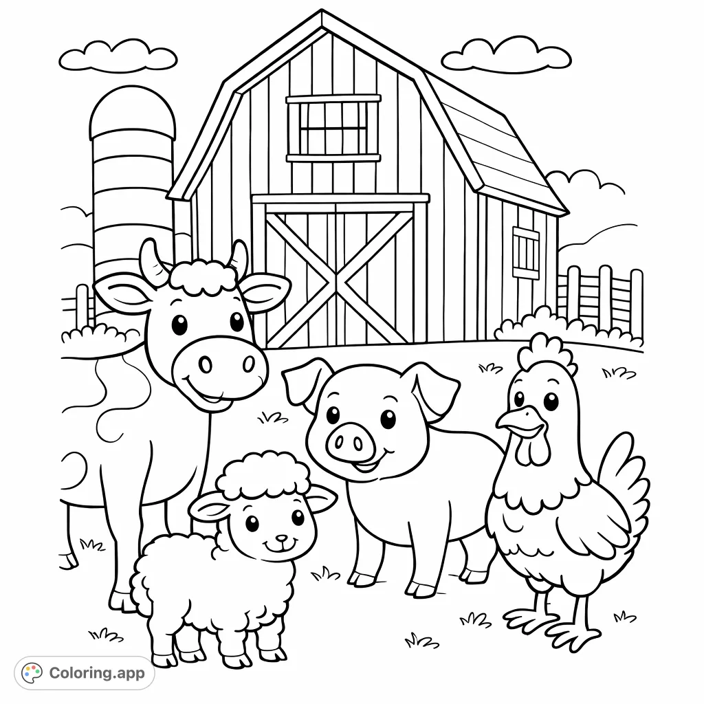 Meet charming farm animals—cow, pig, lamb, chicken—in front of a classic barn and silo. A delightful barnyard scene for creative coloring fun!