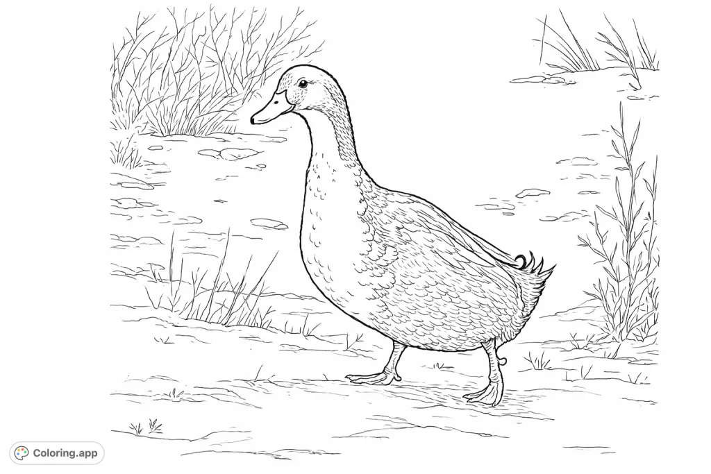 A striking duck stands amidst a serene wintry scene, with snow-covered ground and dry grasses, offering a peaceful and engaging coloring experience.