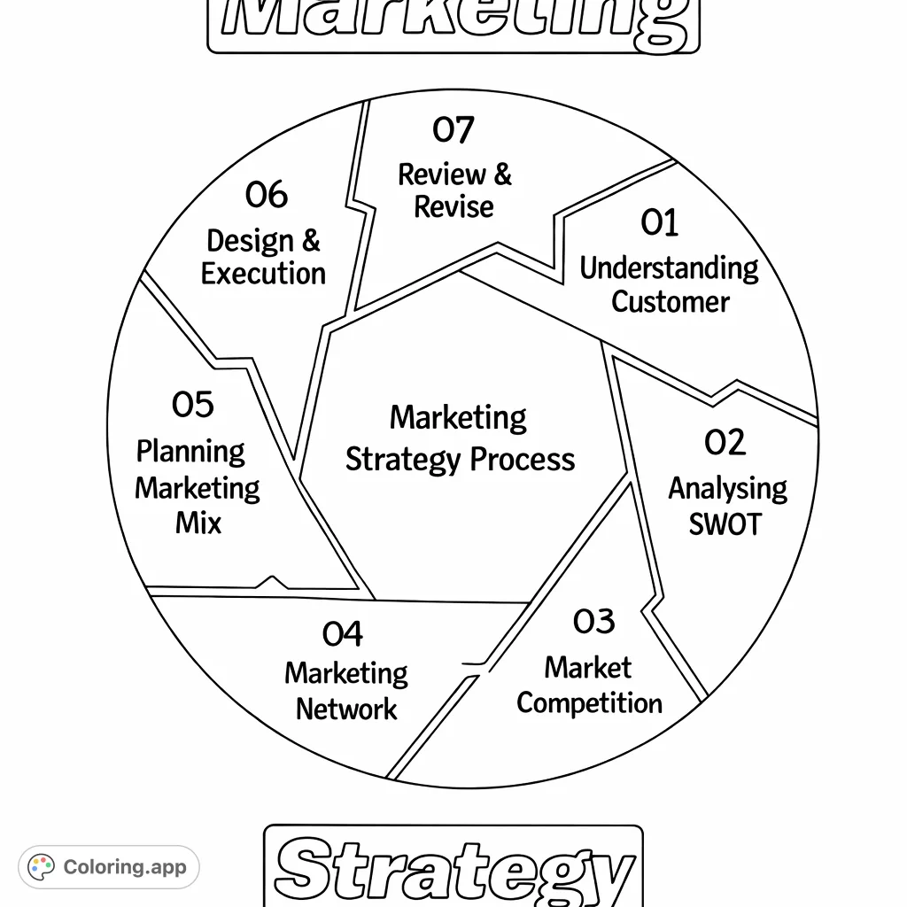 A detailed marketing strategy process diagram, featuring a seven-step circular flow with textual descriptions, ideal for learning or business planning.