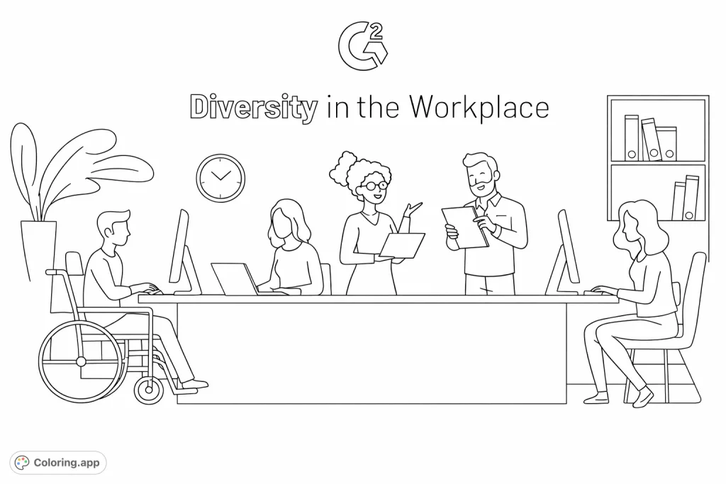 Explore a modern workplace featuring a diverse group of individuals collaborating at their desks. A unique coloring page promoting inclusion and teamwork.