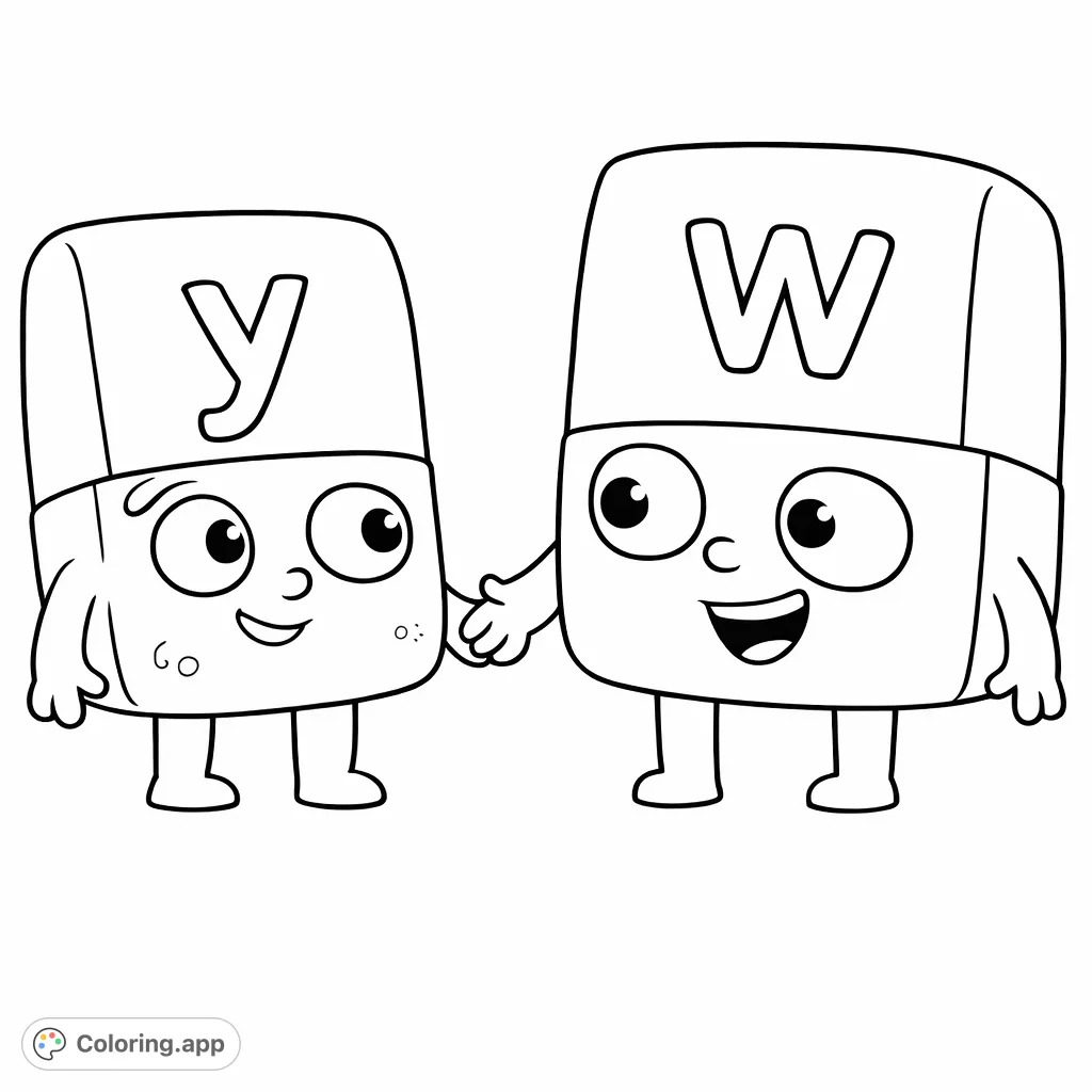 Meet two friendly alphabet block characters, W and y, ready for a fun-filled learning adventure! This engaging coloring page is perfect for young learners.