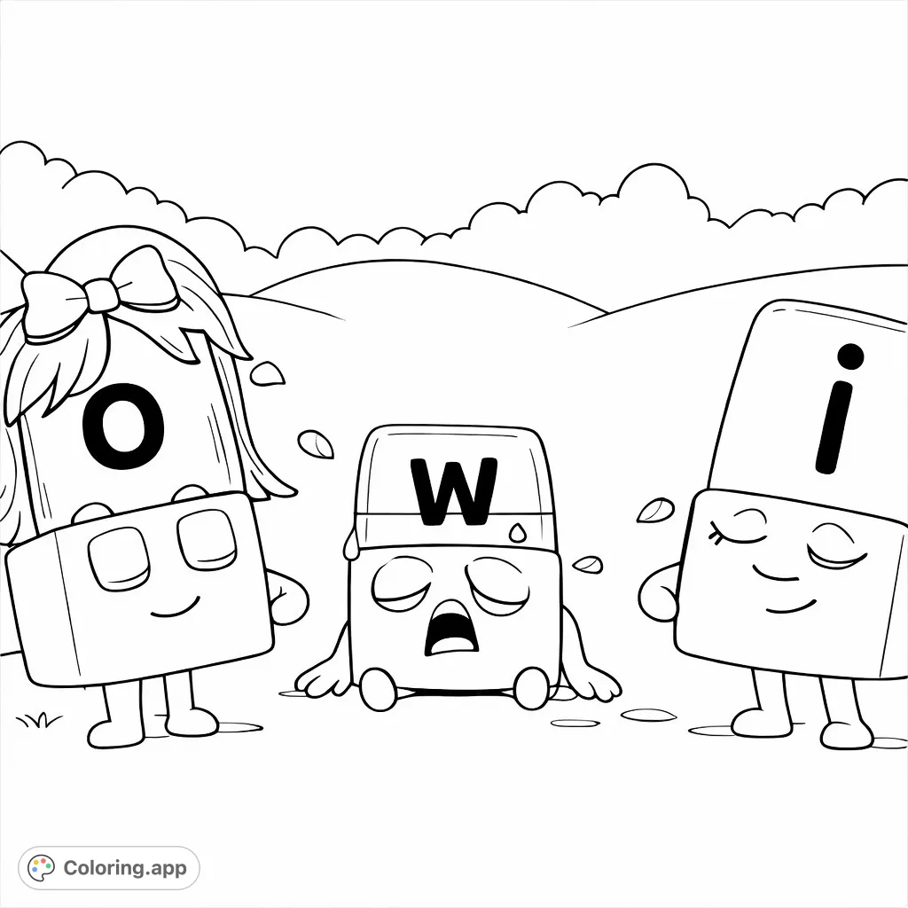 Three character blocks, each displaying a letter, appear exhausted in a gentle landscape. Ideal for learning and creative expression.