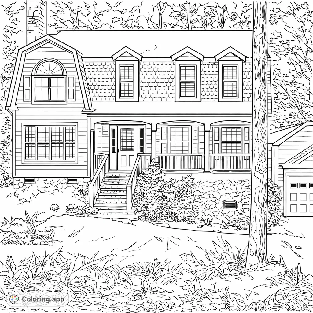 Color a charming house with classic architectural details, a stone foundation, and lush landscaping. Perfect for home enthusiasts!