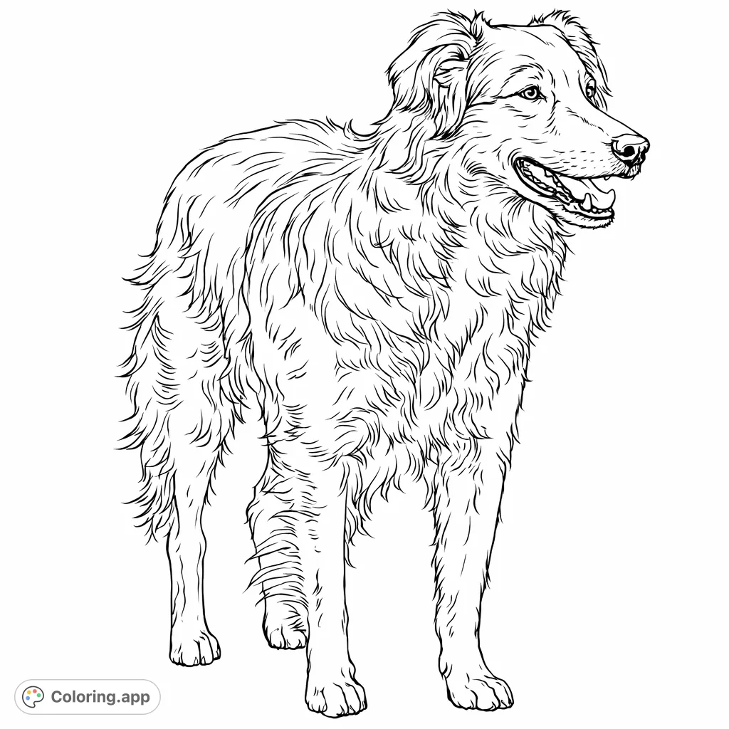 Color a charming dog standing in a field, featuring a detailed coat and an expressive face. Perfect for animal lovers of all ages!