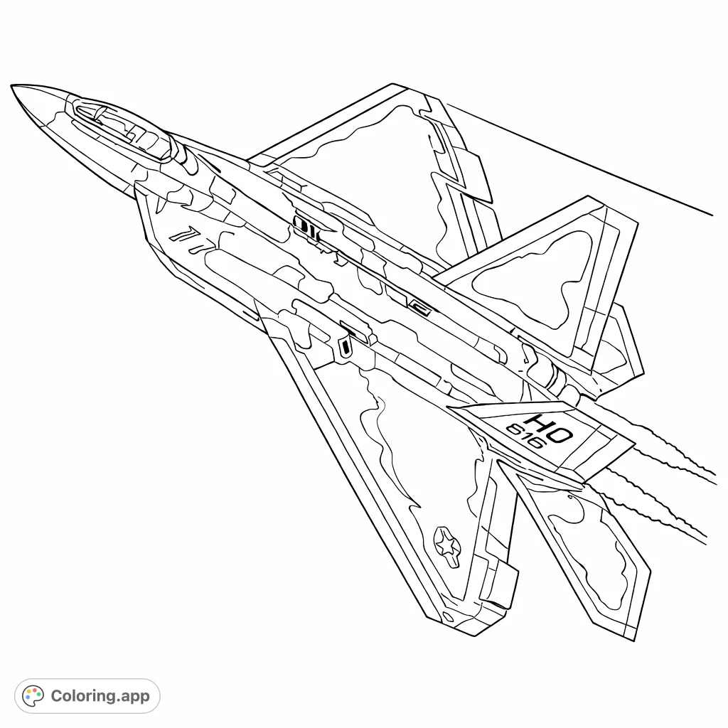 Soar into action with this detailed fighter jet coloring page, featuring a sleek military aircraft with powerful exhaust trails against a vast sky.