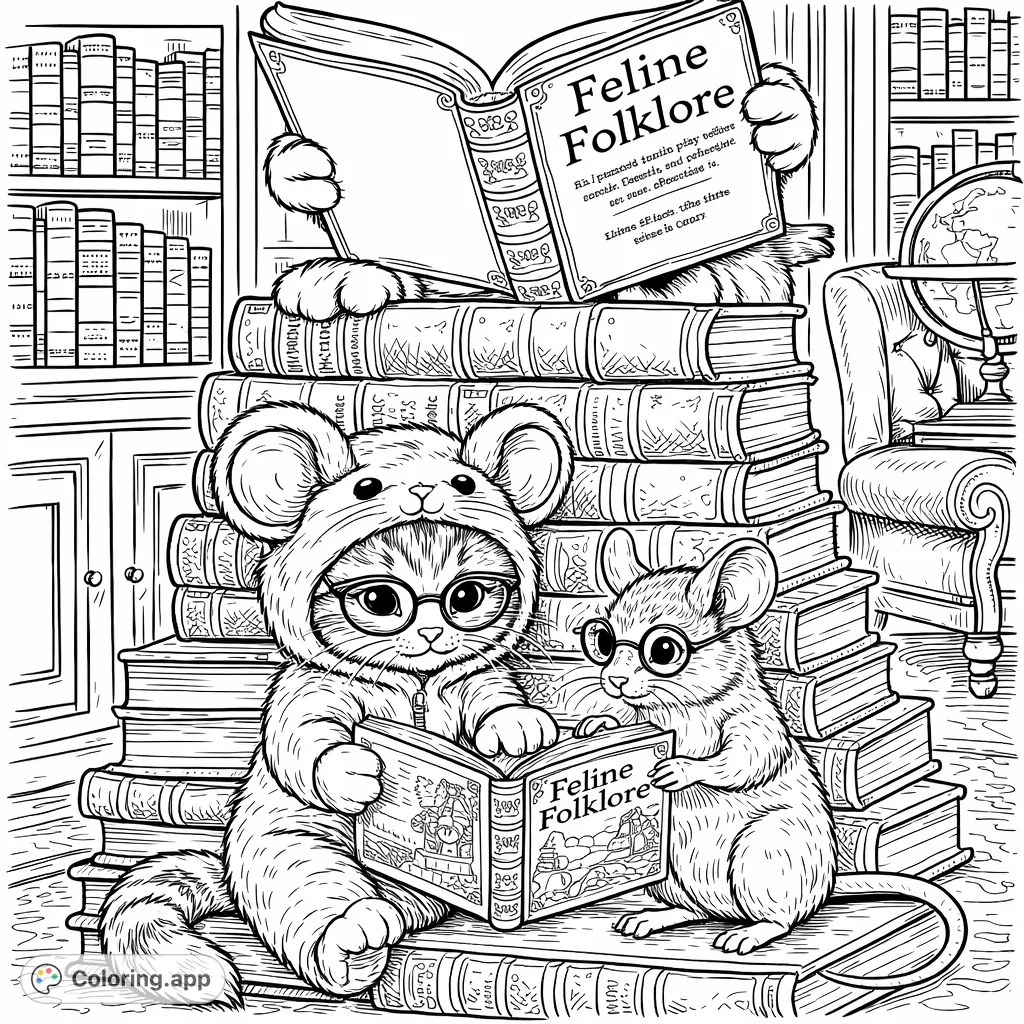 A charming scene where a kitten in a mouse costume, a clever mouse, and a larger feline enjoy books in a cozy library, surrounded by tall stacks of wisdom.
