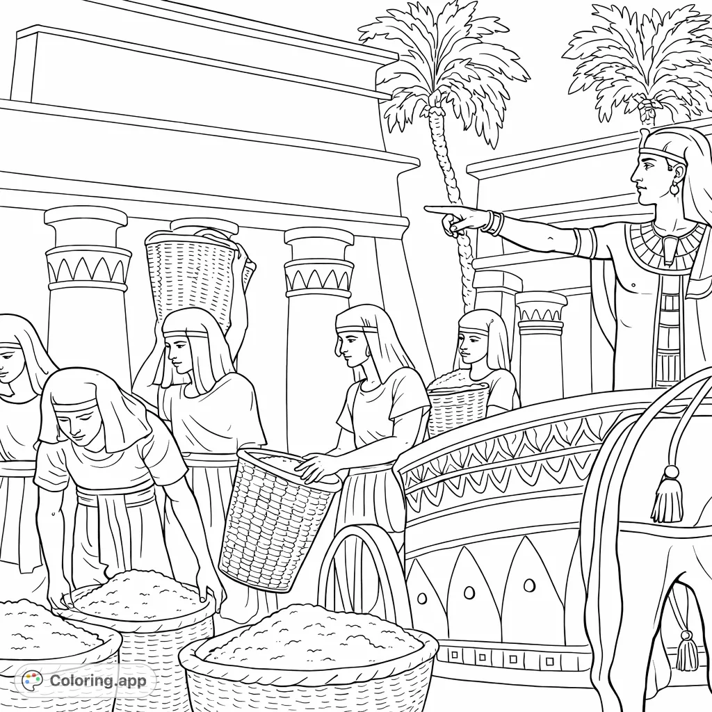 An ancient Egyptian scene featuring a pharaoh overseeing workers carrying baskets of harvest near ornate temple structures and palm trees. A detailed historical coloring page.