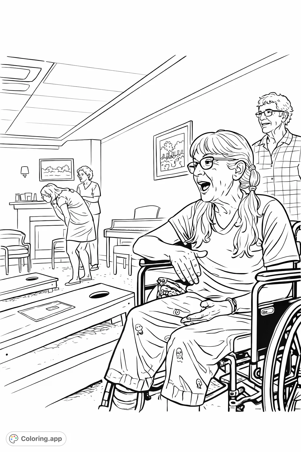 Capture the excitement of a friendly cornhole game with a cheerful participant in a wheelchair and friends. Perfect for social activity coloring pages.