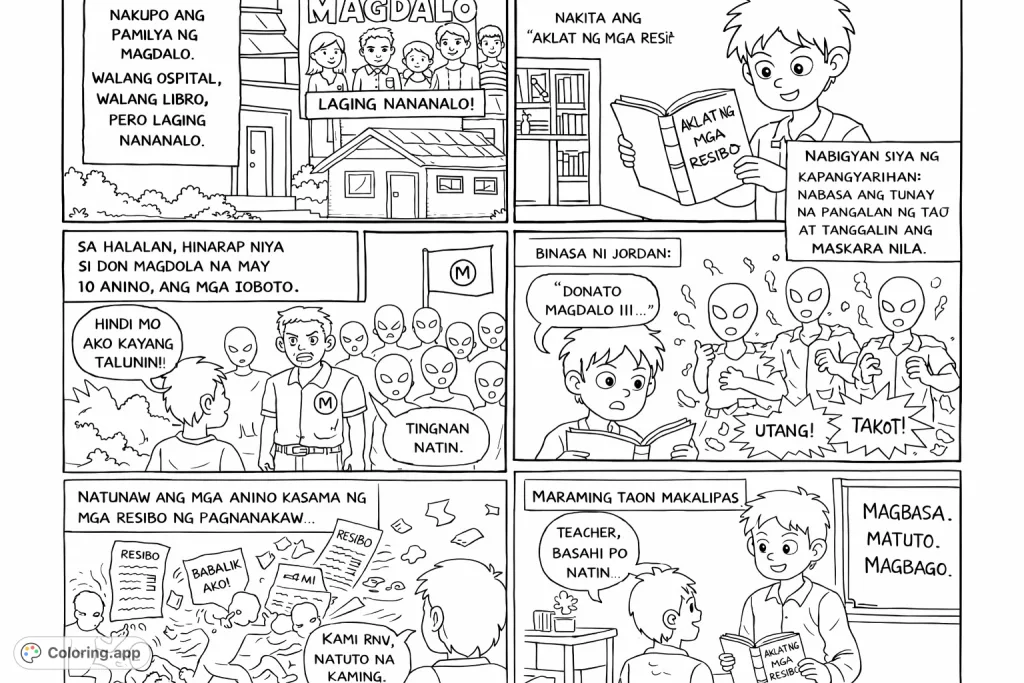 A compelling comic strip coloring page depicting a journey of discovery, exposure of wrongdoing, and the power of knowledge, featuring engaging characters.