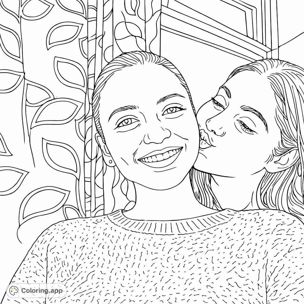 Capture a heartwarming moment of friendship with this lovely coloring page featuring two individuals sharing a sweet kiss on the cheek. Express your bond with color!