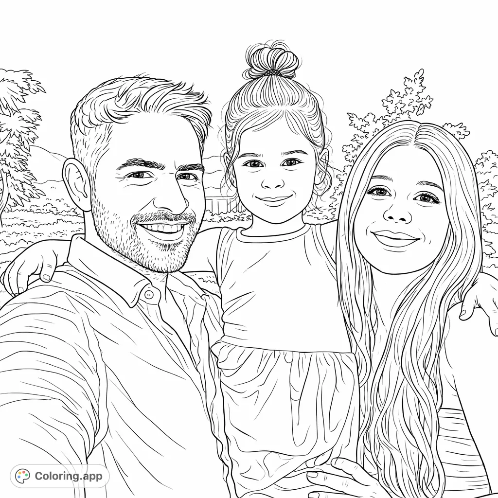 Capture a heartwarming family moment with this happy family portrait coloring page, featuring a smiling father, mother, and child in an outdoor setting.