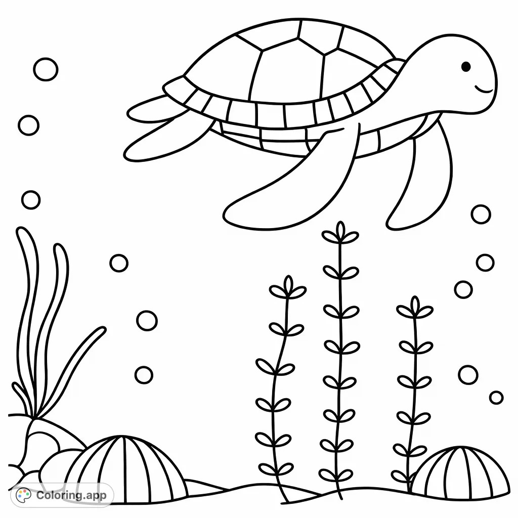Dive into a peaceful ocean with a smiling sea turtle gracefully swimming amidst playful bubbles and delicate aquatic plants. A delightful underwater adventure!