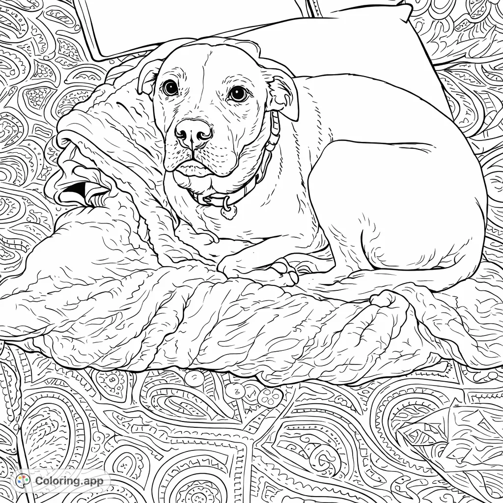 A loyal dog curled up on a soft, textured blanket and intricately patterned bedding. A detailed scene for a comforting coloring experience.