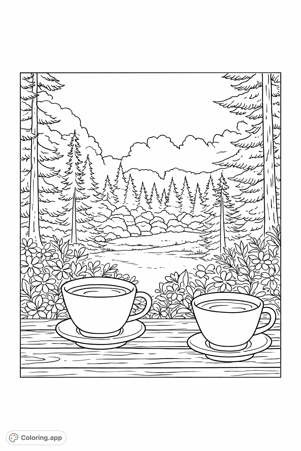 Immerse yourself in a tranquil forest vista. This detailed nature scene features two inviting cups on a wooden table, surrounded by lush plants and towering trees.