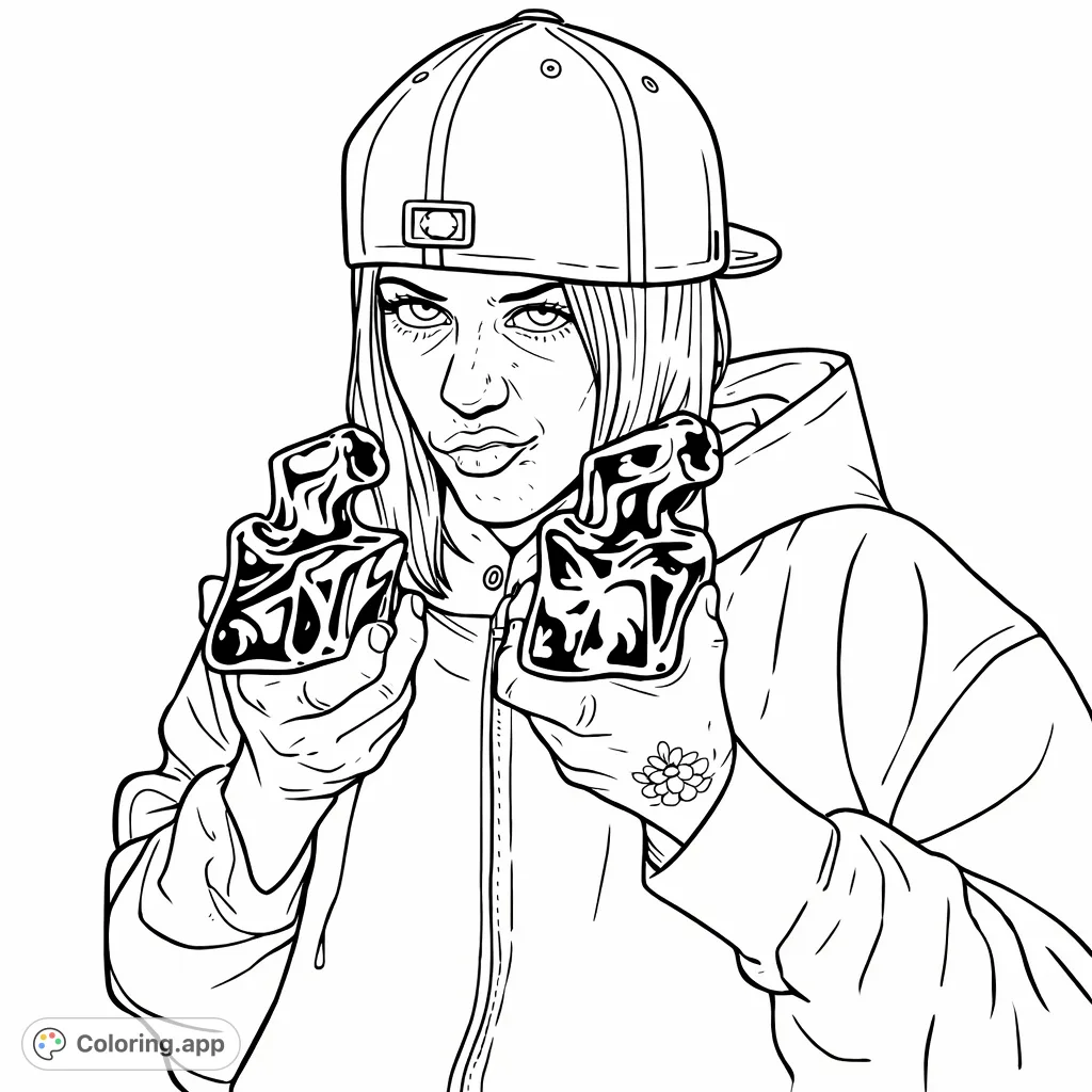 A striking portrait of a person in a cap and hoodie, holding two unique abstract torso sculptures. A cartoony style with bold outlines.