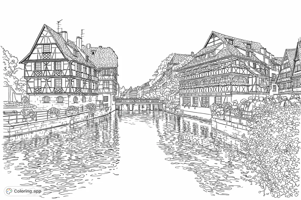 Discover a charming European canal scene with intricate half-timbered houses, tranquil water reflections, and bustling activity. A detailed architecture coloring page.