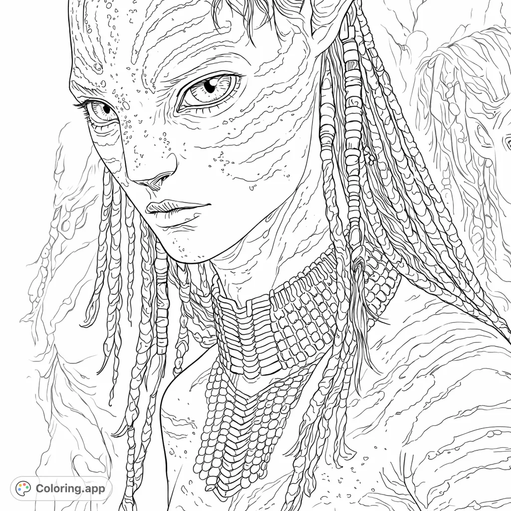 Immerse yourself in Pandora with this detailed Na'vi character coloring page, featuring intricate facial markings, braided hair, and a ceremonial necklace.