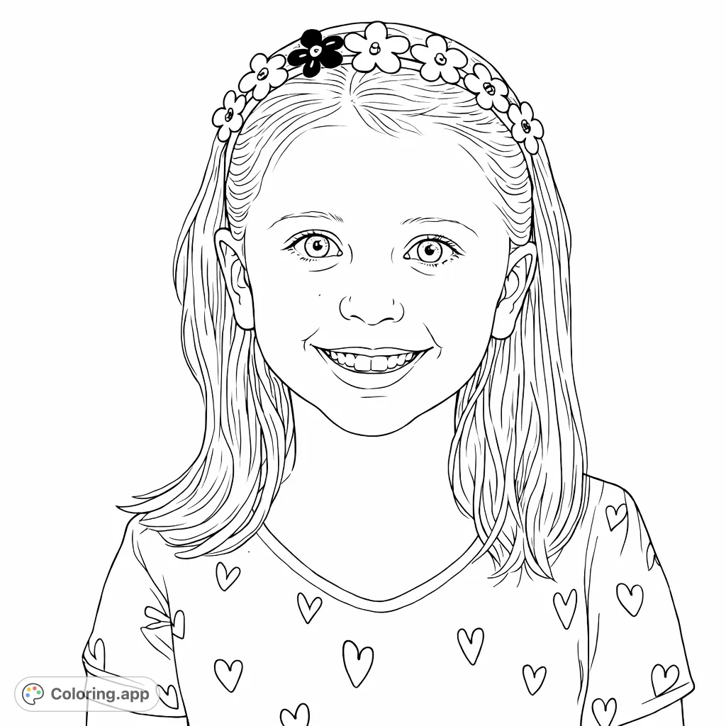 A joyful child with a floral headband and heart-patterned shirt, smiling brightly. Perfect for spreading happiness and encouraging creative coloring.