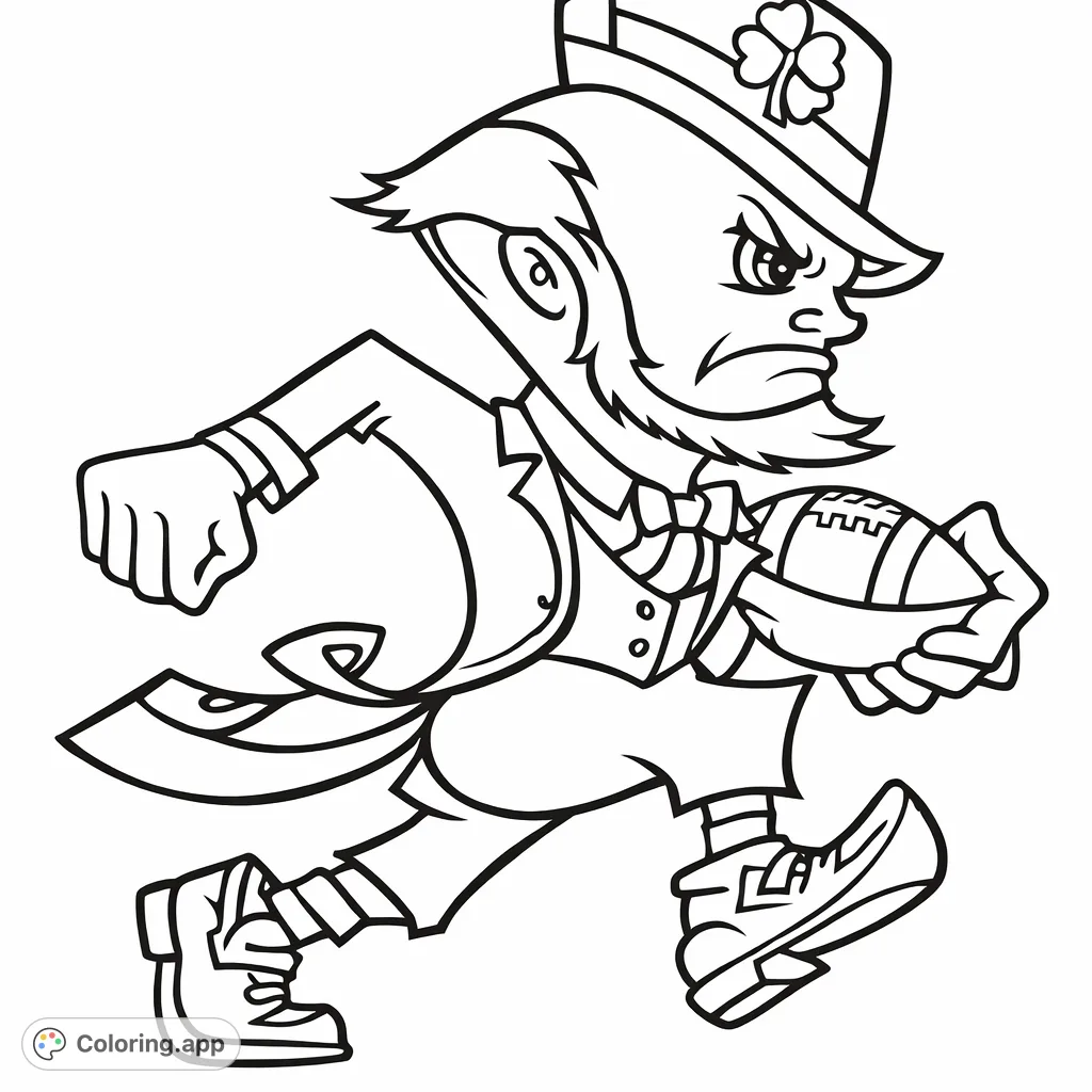 Dynamic leprechaun-like mascot sprints with a football, featuring a determined expression and traditional attire. Perfect for sports fans and school spirit events.