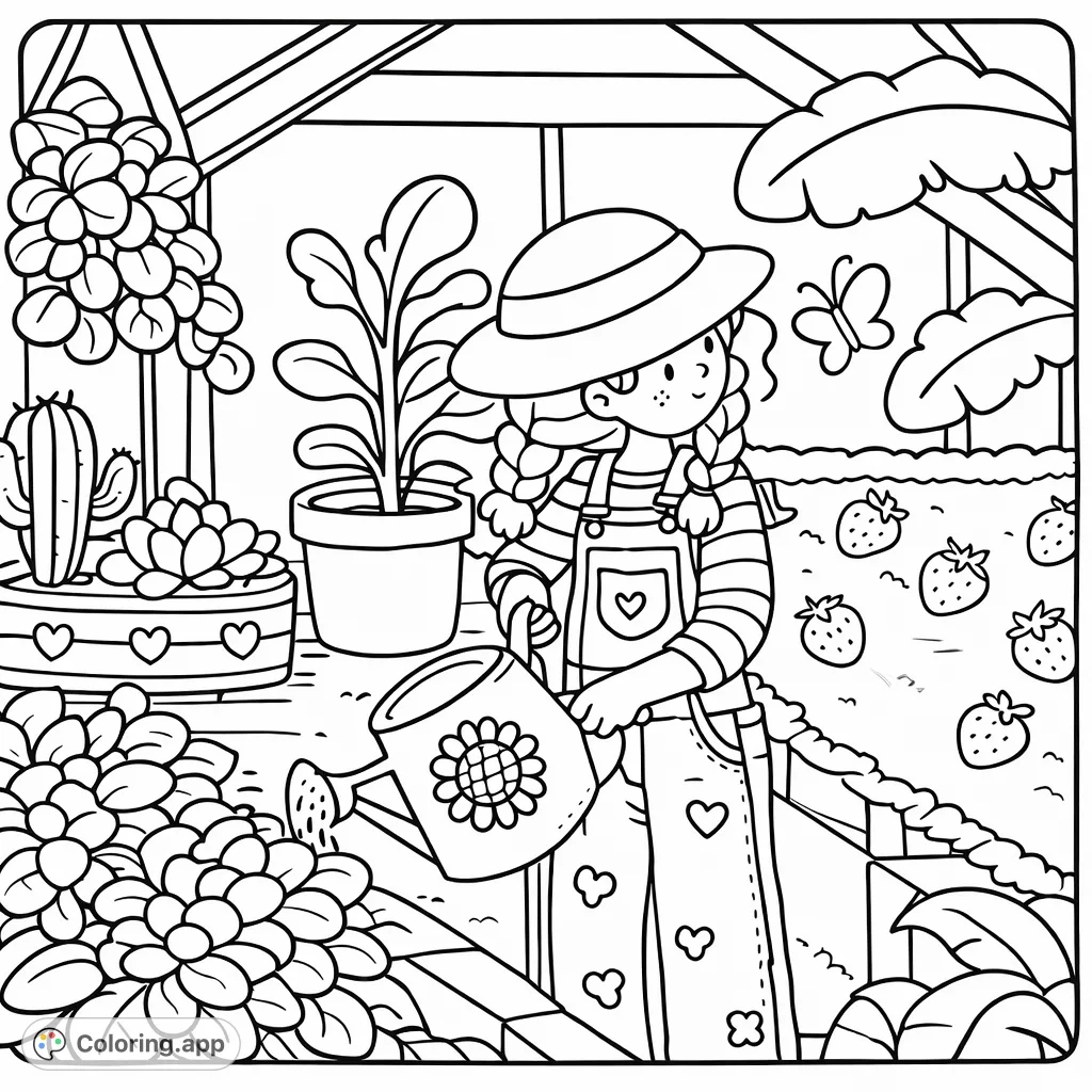 A charming scene of a girl tending to her diverse plant collection inside a bustling greenhouse, complete with a butterfly and a strawberry patch.