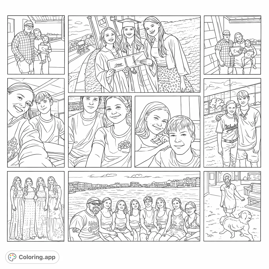 Capture the essence of togetherness with this coloring page featuring diverse family and friends in various joyful scenes, perfect for all ages to personalize.