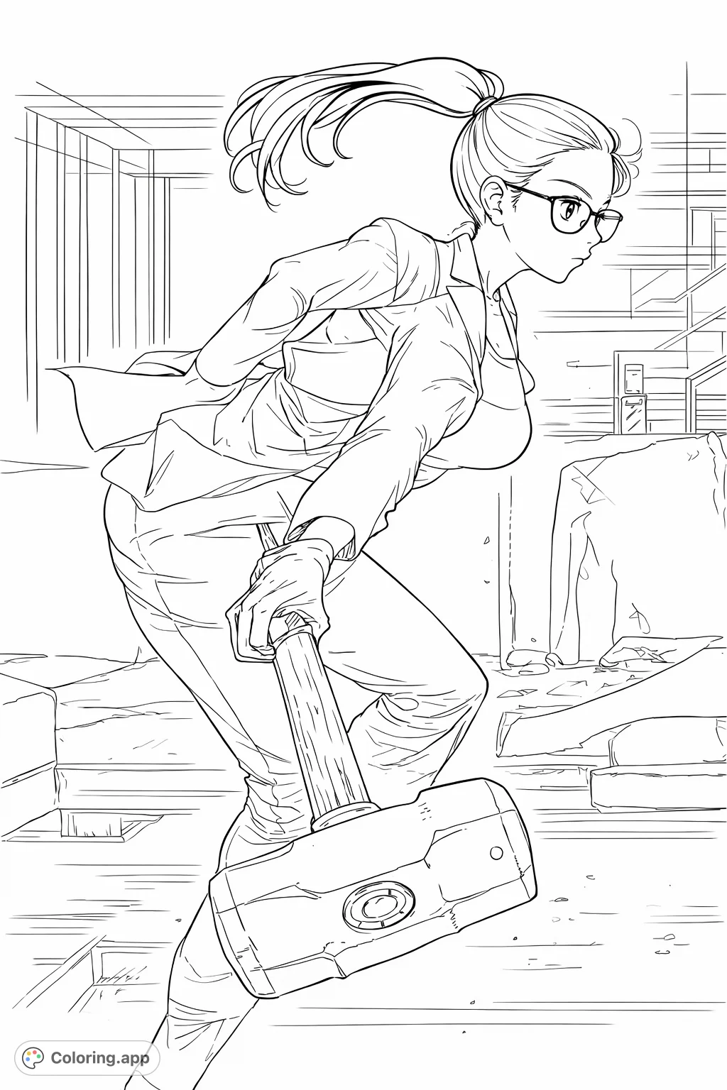Dynamic manhwa action woman coloring page featuring a woman in a suit, wielding a heavy mallet. Free printable coloring page for adults.