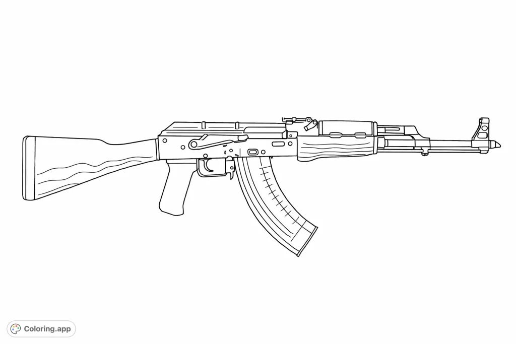 Explore this detailed rifle illustration, featuring intricate mechanical parts and realistic textures. Perfect for adult colorists seeking a challenging design.