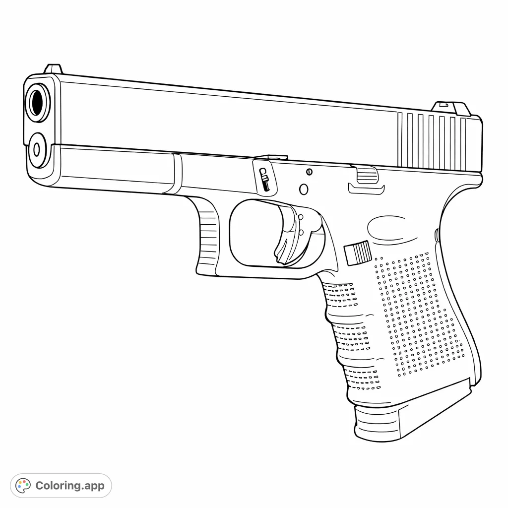 Explore the precise lines of a modern handgun. This detailed blueprint-style coloring page highlights its mechanical features and rugged design for enthusiasts.