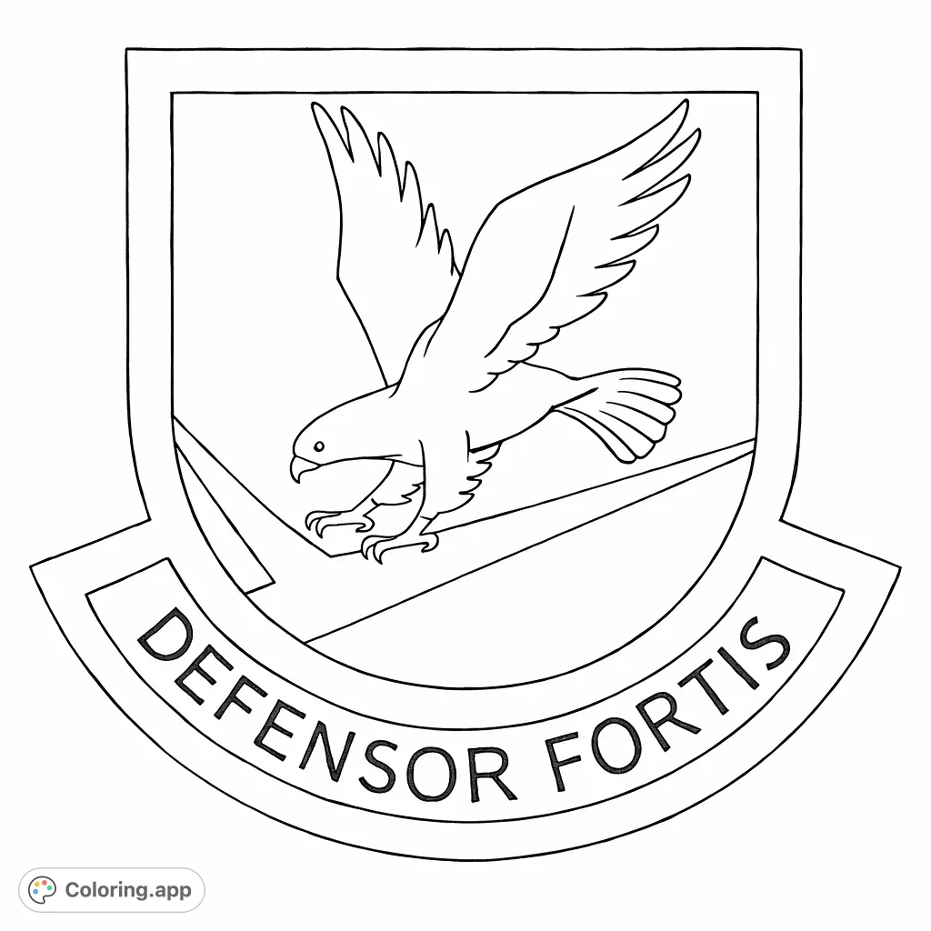 A powerful eagle in flight adorns a classic shield with a banner. A perfect military crest coloring page for all ages to personalize with creative colors.