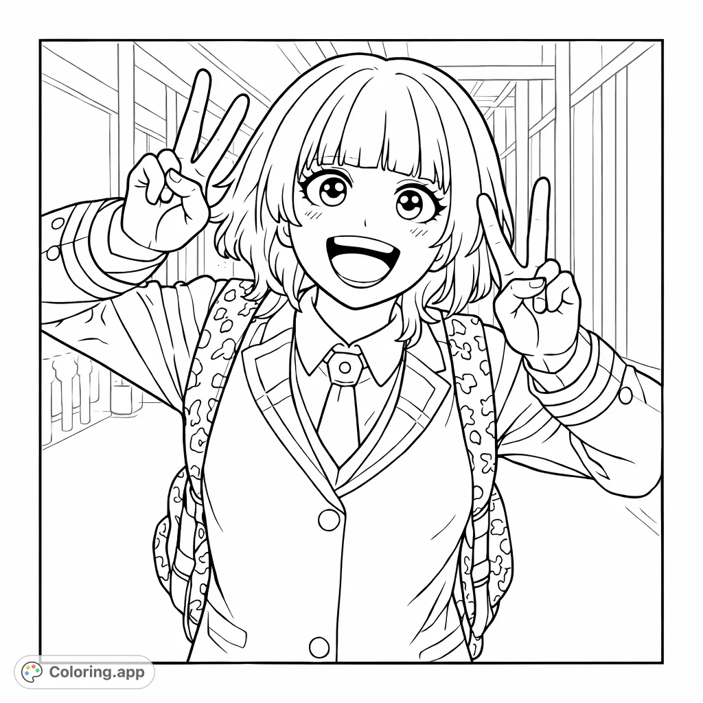 A cheerful anime schoolgirl strikes a peace sign pose, ready for a fun day. Features detailed uniform, wavy hair, and a patterned backpack.