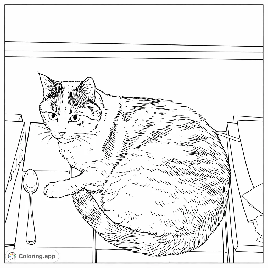 A charming cat rests comfortably amidst cardboard boxes, with a spoon nearby. Features distinct fur patterns, perfect for a relaxing coloring experience.