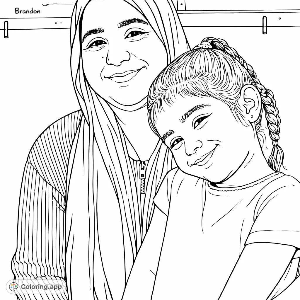 Capture a heartwarming moment of a woman and child in a tender embrace. This delightful portrait highlights family connection and joyful smiles, perfect for a relaxing coloring experience.
